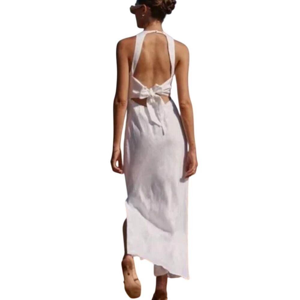 New Dissh Andrea White Linen Midi Dress Womens 12 Maxi Open Back Bridal Party